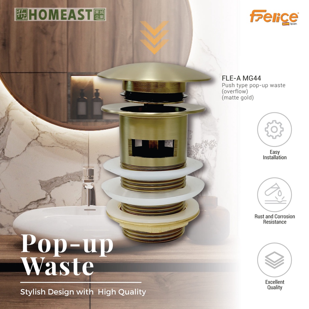 [สักหลาด] BATHROOM SINK BASIN WASTE Overflow/NON Overflow POP UP WASTE-(MATTE GOLD)