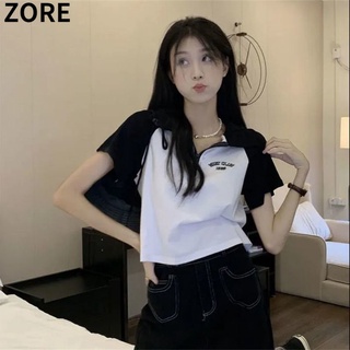 Zore เสื้อยืดโปโล แขนสั้น พิมพ์ลายตัวอักษร มีซิป สไตล์ฮาราจูกุ สําหรับผู้หญิง