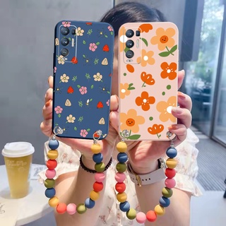 เคสโทรศัพท์มือถือ ขอบสี่เหลี่ยม ลายดอกไม้ พร้อมสายคล้องโซ่ สําหรับ OPPO Reno6 Z 5G Reno 5 Pro 4 4G 3 Reno2 Z F