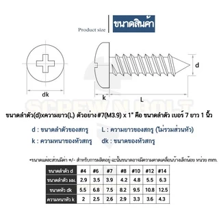 น็อต สกรู หัวกลม หัวแพน แฉก P+ สแตนเลส 304 เกลียวปล่อย ปลายแหลม #6 / Pan Head Phillip Tapping Screw
