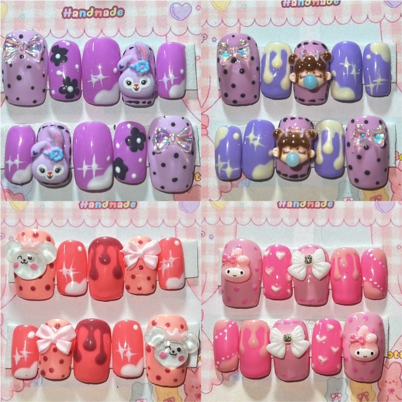 sale!เล็บปลอมเล็บเจลแท้ %งานน่ารักเพ้นท์ติดอะไหล่การ์ตูนเหลี่ยมยาวกลาง กาวตะไบสามารถแจ้งทรงได้