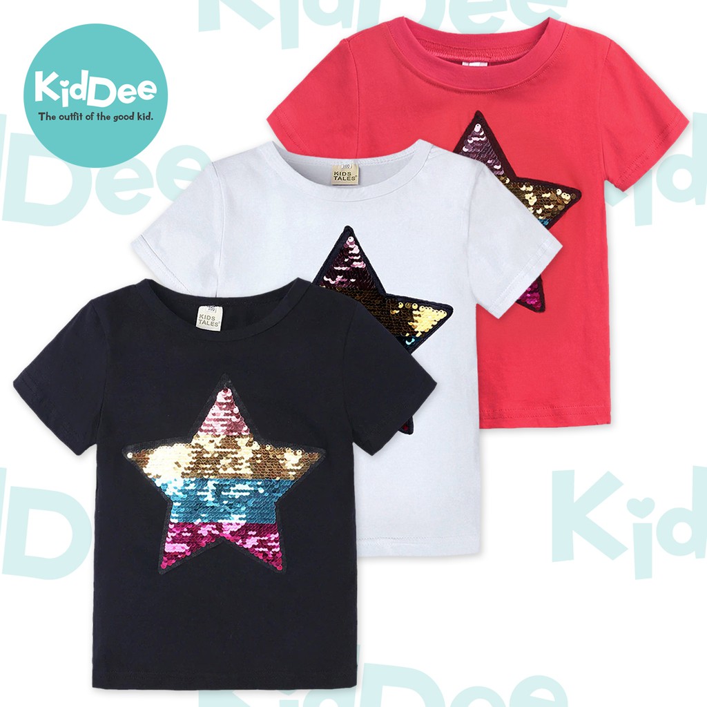 เสื้อยืดแขนสั้น สีดำ ขาว แดง ลายดาวฟรุ้งฟริ้ง เด็กผู้หญิง 1-9 ปี ผ้านิ่ม ใส่สบาย ราคาไม่แพง เปลี่ยนลายได้ มีพร้อมส่ง