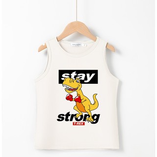 Bykidsเสื้อผ้าเด็กเสื้อกล้ามเด้กคอกลมคอนอตน100%ลายไนโนเสาร์ต่อยมวยผ้านุ่มใส่สบาย