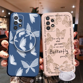 เคสโทรศัพท์มือถือ แบบโปร่งแสง ขอบสี่เหลี่ยม ลายผีเสื้อ พร้อมแหวนขาตั้ง สําหรับ Samsung Galaxy S22 Ultra S21 FE A33 A53 A73 A03S M32 M22