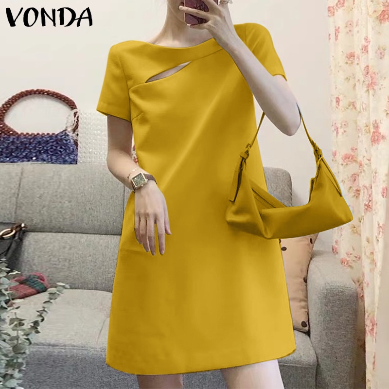 Vonda ชุดเดรสสั้น คอกลม แขนสั้น กระดุมมุก สีพื้น สไตล์เกาหลี ฤดูร้อน สําหรับผู้หญิง