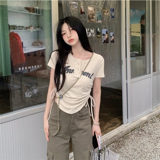 เสื้อยืด แขนสั้น รูดเชือก พิมพ์ลาย แฟชั่นสําหรับผู้หญิง