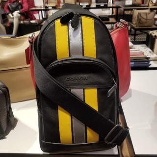 (ผ่อน0%) กระเป๋า คาดอก คาดหลัง สีเหลือง ลายทาง HOUSTON PACK WITH VARSITY STRIPE  (COACH F83270)