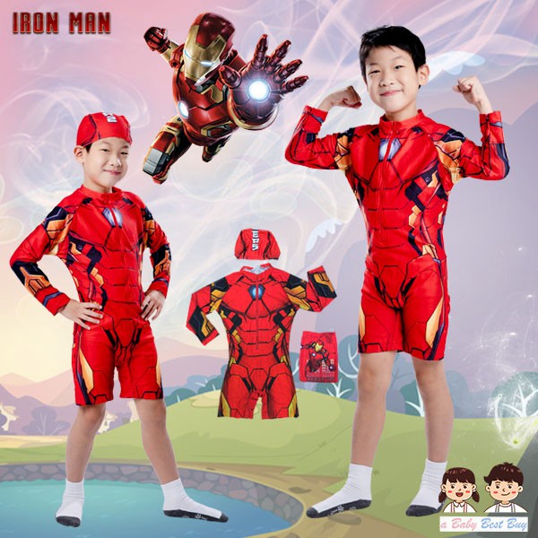 ชุดว่ายน้ำเด็กผู้ชาย Iron Man สีแดง บอดี้สูทเสื้อแขนยาวกางเกงขาสั้น พร้อมหมวกว่ายน้ำและถุงผ้า ลิขสิทธิ์แท้