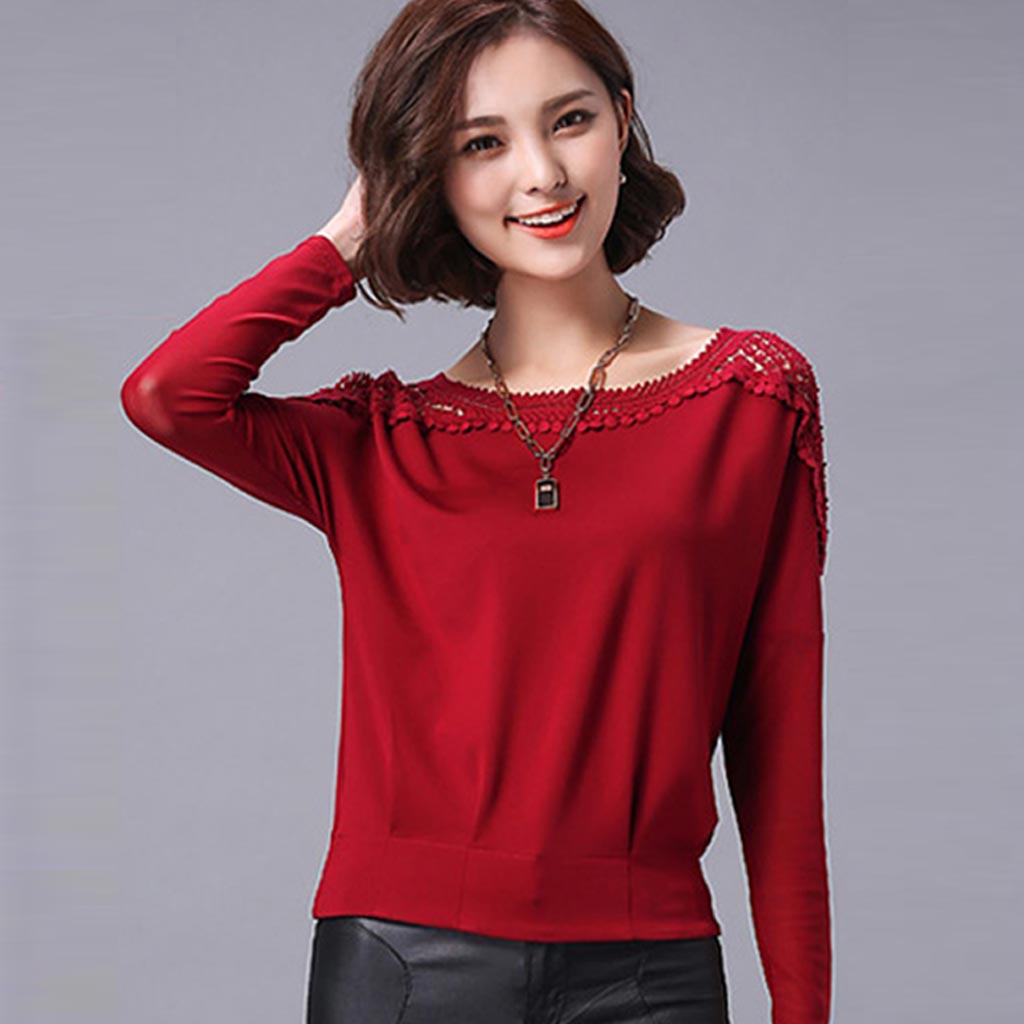 เสื้อแฟชั่น แขนยาวซีทรู แต่งลูกไม้รอบคอ (สีแดง) รหัส FLD0805