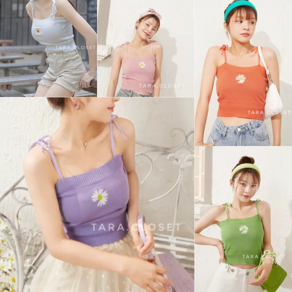 BA008 TARA Singlet เสื้อยืดสายเดี่ยว ปักลายดอกเดซี่กลางอก ผ้าไหมพรม นิ่ม ผ้ายืดอย่างดี ผ้าไม่หนามาก 