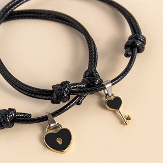 2pcs Love Key Couple Bracelets Heart Lock Charm Bracelet Woven Rope Jewelry Birthday Valentines Day Gifts for Women