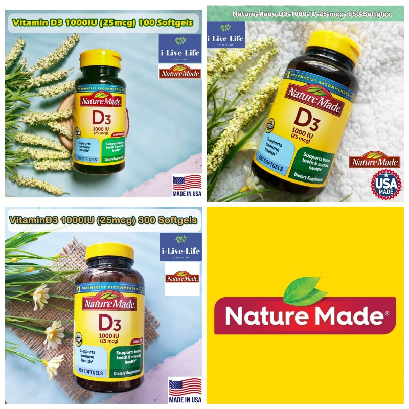 วิตามินดี 3 Vitamin D3 1000IU (25mcg) 100, 300 or 650 Softgels - Nature Made D-3