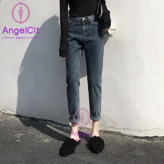 Angelcity※influencer กางเกงยีนขายาว เอวสูง ทรงหลวม สีฟ้า สีเทา สําหรับสตรี 2022