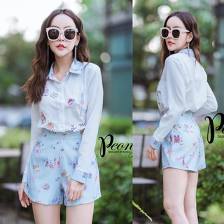 Peony เสื้อเชริตเนื้อดีคอปกพิมพ์ลาย แมทมาพร้อมกางเกงพิมพ์ลายเข้าเซ็ต เสื้อผ้าแฟชั่นทันสมัย เสื้อผ้าแฟชั่นผู้หญิง