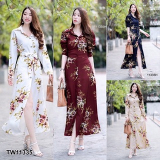 ❤️ TW11335 Maxi dress shirt เดรสเชิ้ตยาวติดกระดุมหน้า มีเชือกผูกเอว เนื้อผ้าโฟเวย์พิมพ์ลายดอกกุหลาบ สวยหรูไฮโซสุดๆ