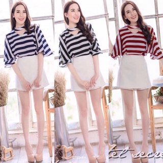 👗Pfashion [ส่งไว!!🚛] P0755 Set 2ชิ้น ลายทาง แขนกระดิ่งบานระบาย Set of 2 pieces, stripes, bell sleeve, vent.