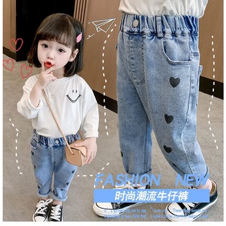 *พร้อมส่ง*กางเกงยีนส์ปักหัวใจขายาวเด็กผู้หญิง