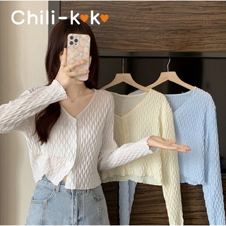 Chili_k❤️k❤️🌟​พร้อมส่ง​🌟​เสื้อไหมพรมแชนยาวคอวี ลายฉลุเก๋ย่ารักมาก (8K12)​