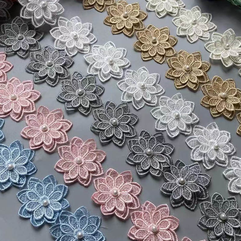 10 ชิ้นดอกไม้ดอกไม้สีขาวดอกไม้มุก Organza เย็บปักถักร้อยลูกไม้ผ้า Patch Trim เสื้อผ้า 3D Beading ชุดแต่งงาน DIY App