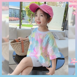 2022 new summer girls short-sleeved T-shirt Western style Babys small and middle school childrens girls tie-dyed top childrens clothes ins fashion