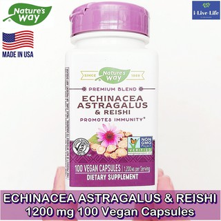 เอ็กไคนาเซีย แอสทรากาลัส และเห็ดหลินจือ Echinacea Astragalus &amp; Reishi 1,200 mg 100 Vegan Capsules - Natures Way