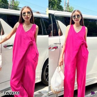 TW14511 Jumpsuit จั๊มสูทยาว ทรงป้ายผูกโบว์ข้าง แขนกุด ทรงน่ารักมีกระเป๋าข้างสองข้าง ซิปหลัง เนื้อผ้าลินิน เนื้อดีนิ่ม