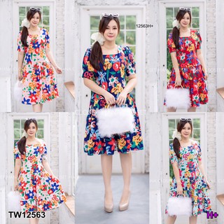 J12563 Dress #สาวอวบ เดรส แขนตุ๊กตา แต่งระบาย ลายดอก