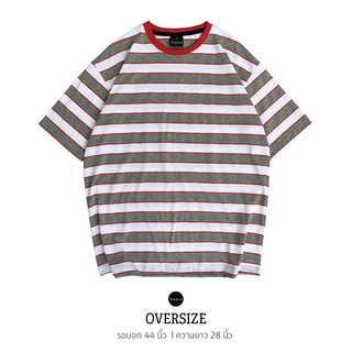 Wrap Around เสื้อยืดลายขวาง OVERSIZE ขาวเทาอ่อนขอบแดง