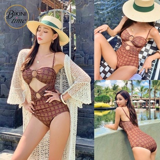 🏖BikiniTime (M-XL) SB111 ชุดว่ายน้ำวันพีซ สีน้ำตาลอมม่วง ลายหรู ลุคไฮโซ พร้อมฟองน้ำเสริม บิกินี่