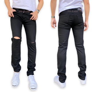 TPPJEANS Skinny Jenas Black กางเกงยีนส์ชายสีดำ ขาดเข่า งานตัดเย็บอย่าง ดียีนส์ยืดสวมใส่สบาย Size 28-36 รับชำระปลายทาง