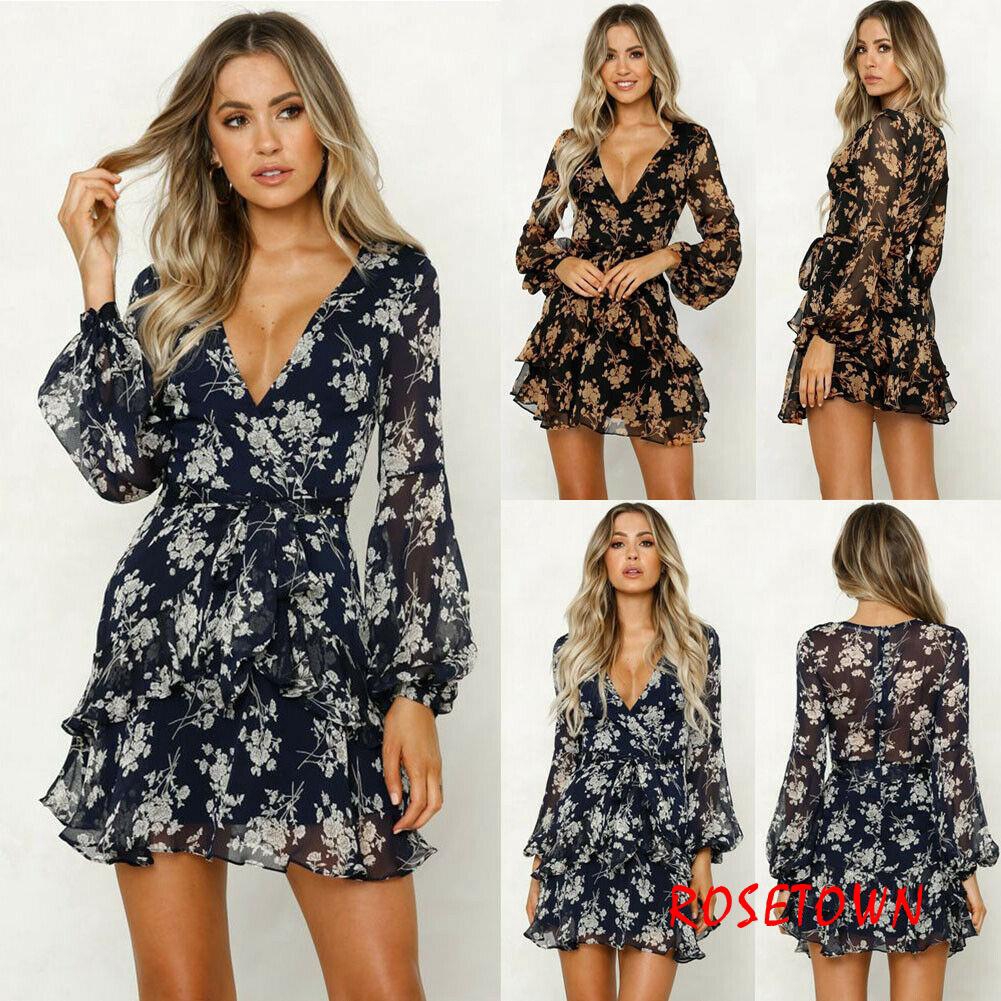 2017 2020 ชุดเดรสสั้นลายดอกไม้สไตล์ Boho สำหรับผู้หญิง