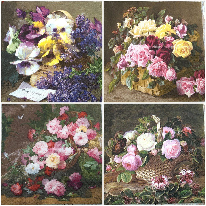 กระดาษแนปกิ้นยุโรป ขนาดใหญ่ 33*33 ซม. ลายตะกร้าดอกไม้ กุหลาบพื้นหลังสีเข้ม มีให้เลือกหลายลาย กดเข้าไปดูตัวเลือกเลยค่ะ :)