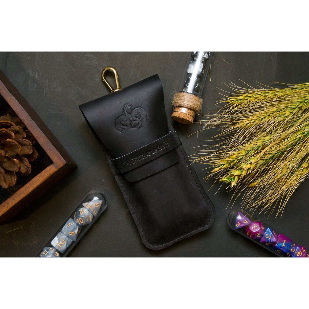 RPG Dice Potion Bag With Fantasy Dice Potion Flask Set:Black Leather Double Potion Bag with Leather Stamped & Dice Potin