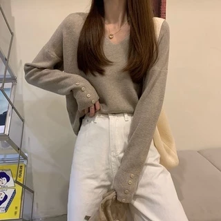 MYGIRLSHOP.TH👑👑แขนยาวคอวีแต่งกระดูมปลายแขนสไตล์เกาหลี🌈9396