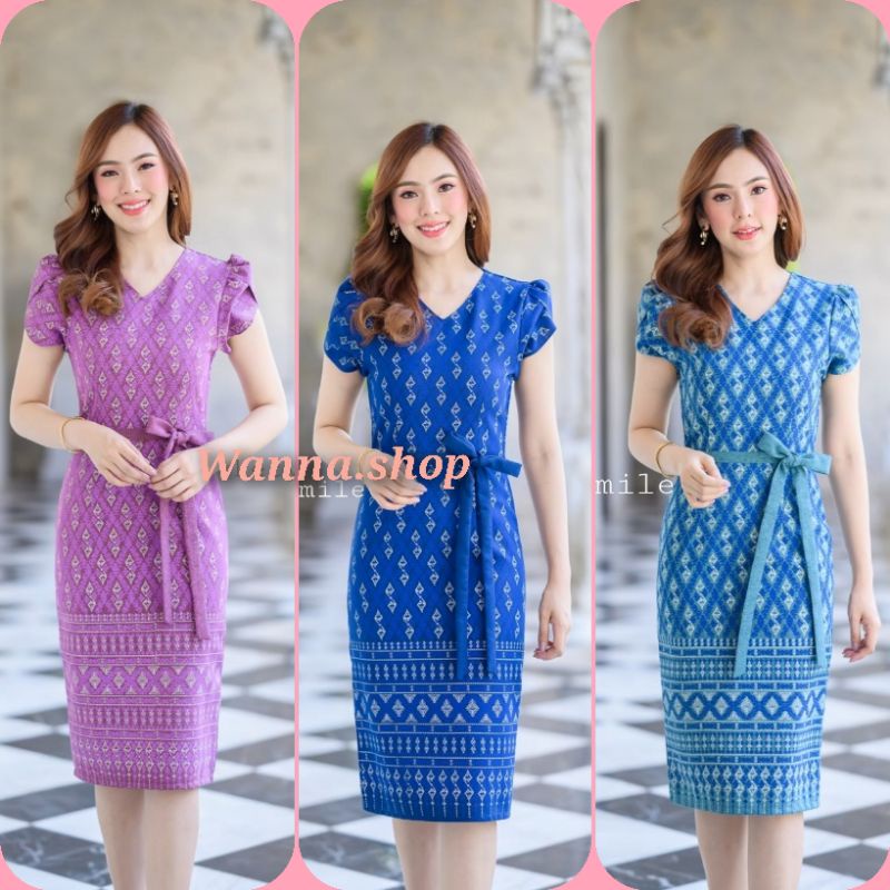 Sale เดรสผ้าไทยผ้าพิมพ์ลายขอผูกโบว์ อัดกาว สวยมาก