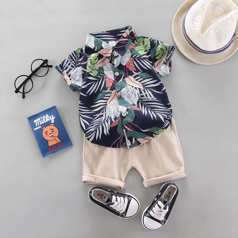 Hot เสื้อผ้าเด็ก ชุดเด็กแฟชั่น 2 ชิ้น เสื้อ + กางเกง ชุดชายหาด  ️ ชุดสงกราน ชุดฮาวาย เนื้อผ้าดี (8เดือน - 5ปี) PFS0010