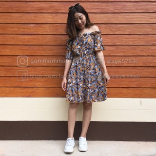 ชุดเดรสเปิดไหล่ ลายใบไม้ งานจริงสวยมากกกกกกกกกก
