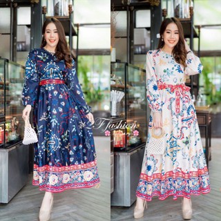 Maxi dress เดรสยาวผ้าพิมพ์ลายโบฮีเมียนสวยหรู