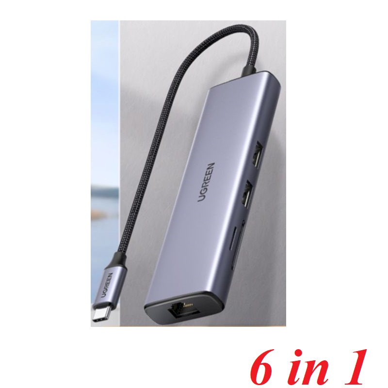Ugreen 20954 60hz 6 in 1 gigabits Type C ถึง 2USB 3.0 + HDMI + RJ45 10/100/1000Mbps + อะแดปเตอร์ SD/