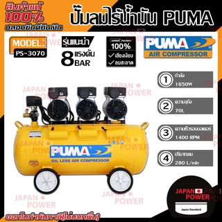 PUMA รุ่น PS-3070 ปั๊มลมเสียงเงียบ OIL FREE 2.2 แรงม้า 70 ลิตร (220V.) ปั๊มลมไฟฟ้า ปั๊มลม ปั้มลมไฟฟ้า ปั้มลม ปั้มลมเสียง