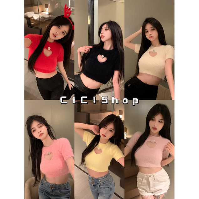 Cicishop(1520)เสื้อแขนสั้นไหมพรมขนมิ้งคอกลม เว้าหัวใจมินิฮาร์ทน่ารักมินินอลแบบเกาหลี วาเลนไทน์