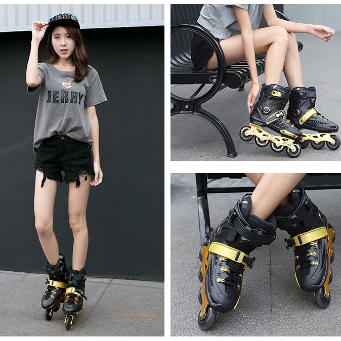 รองเท้าสเก็ตอินไลน์ Inline Skatesโรลเลอร์สเกตประสิทธิภาพสูงสำหรับผู้ใหญ่ ทั้งชายและหญิง สปีดสเก็ตติ้ง โรลเลอร์สเกตสีดำเย