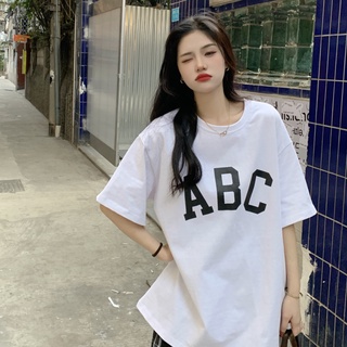 เสื้อยืดแขนสั้น ผ้าฝ้าย พิมพ์ลายตัวอักษร Abc แบบเรียบง่าย สไตล์เกาหลี สําหรับผู้หญิง