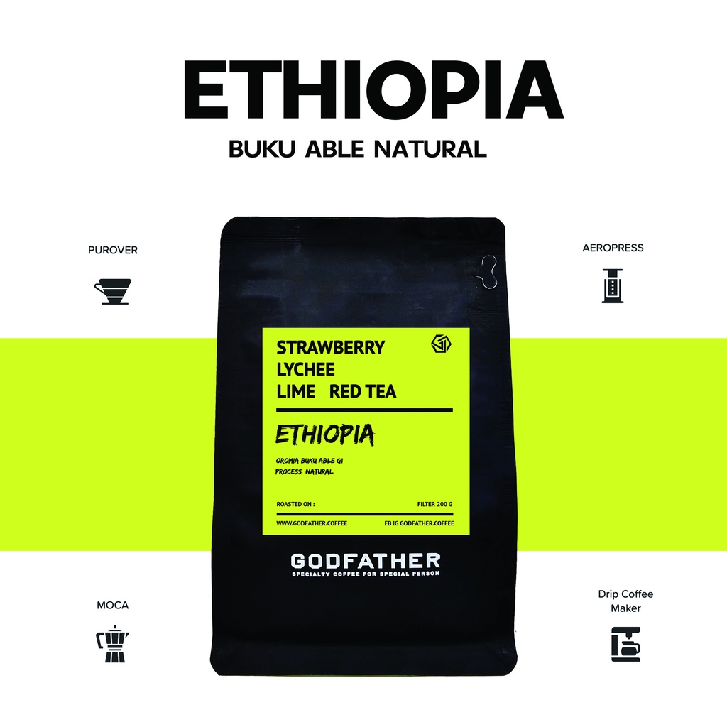 เมล็ดกาแฟคั่วอ่อน เอธิโอเปีย Ethiopia Buku Abel 200g. (Filter) แบรนด์ Godfather Coffee