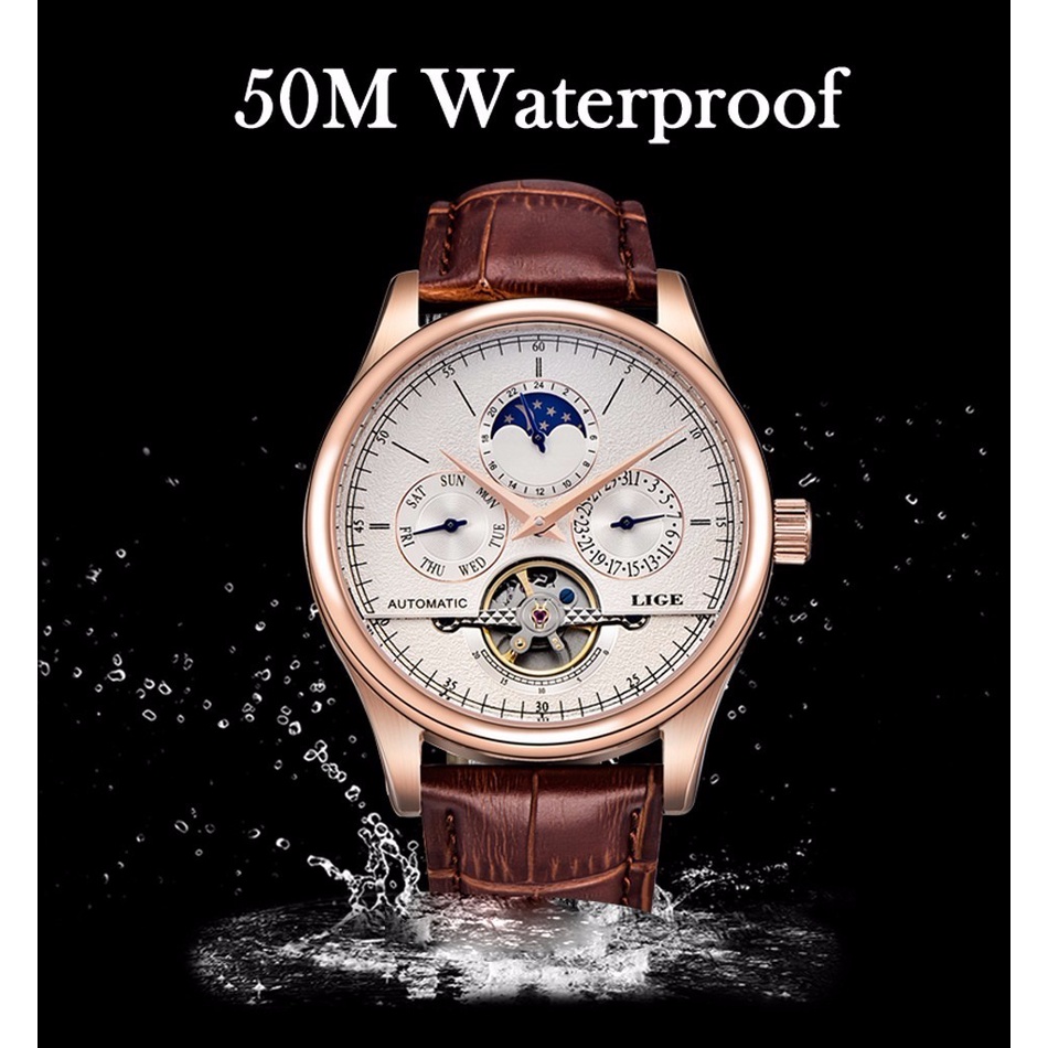 LIGE 2022 ผู้ชายนาฬิกาแบรนด์ชั้นนำบุรุษนาฬิกาจักรกลอัตโนมัติ Tourbillon โครงกระดูกนาฬิกาผู้ชาย