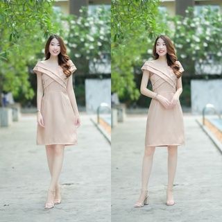 hbstation.shop เสื้อผ้าผู้หญิง ชุดเดรสออกงาน สีครีม พร้อมส่ง