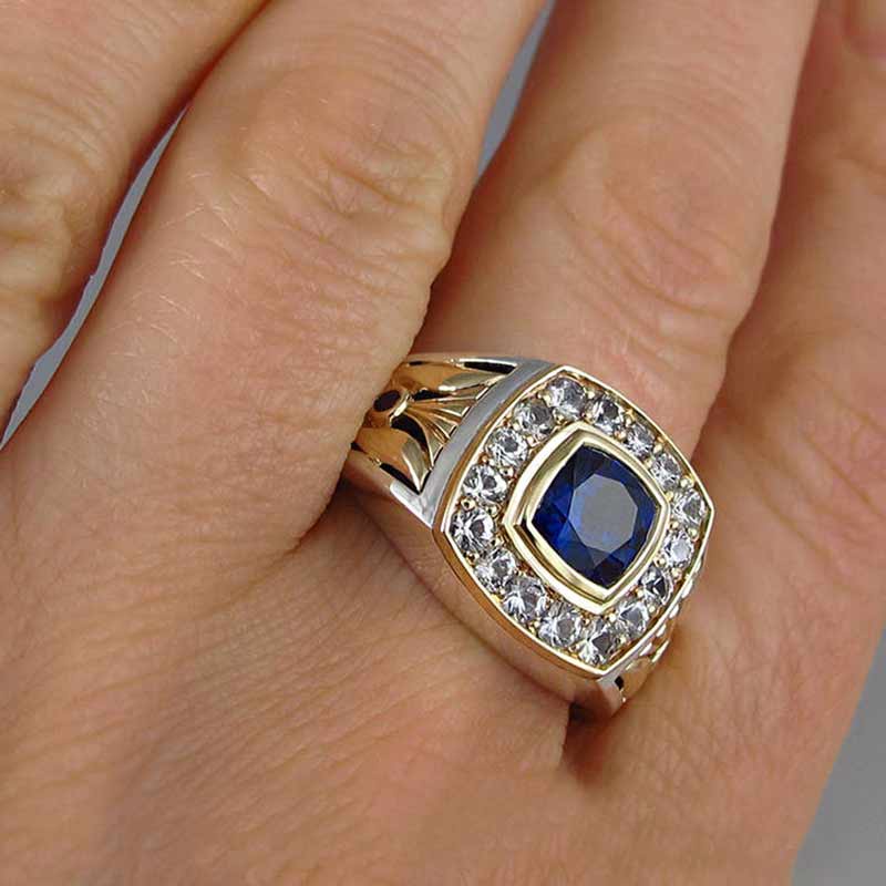 100% solid 925 เงินสเตอร์ลิงสแควร์ผู้ชายแหวน Vintage Blue CZ Micro Paved ธุรกิจสไตล์ผู้ชายแหวน Retro Design จํานวนมาก & Buk ขนาด 6-10