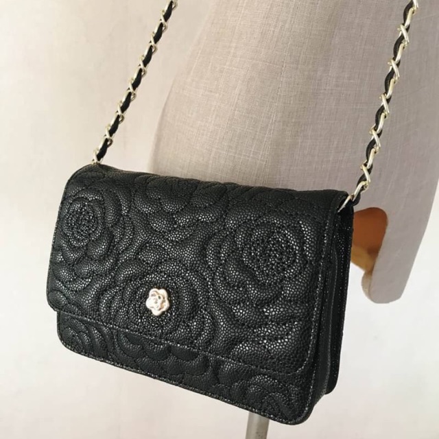 🌸Chanel wallet on chain camellia หนังแท้
