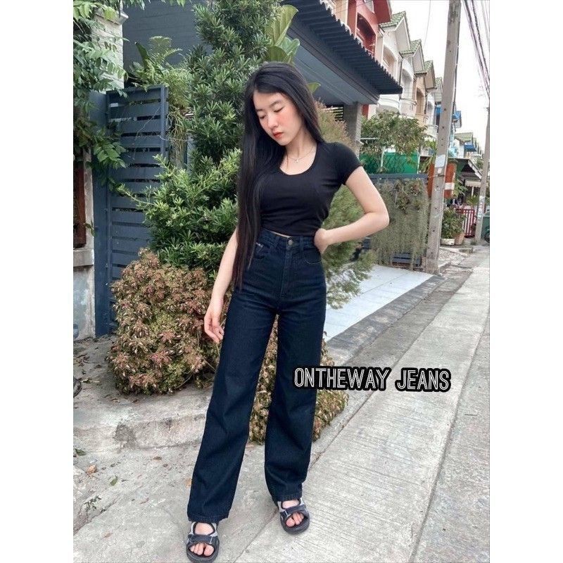 📤[พร้อมส่ง]👖กางเกงยีนส์ขากระบอกดำสไตล์วินเทจ เอวสูง ใส่ได้ทั้งชายและหญิง ผ้าดี สีไม่ตก ยีนส์ดำสวยมาก