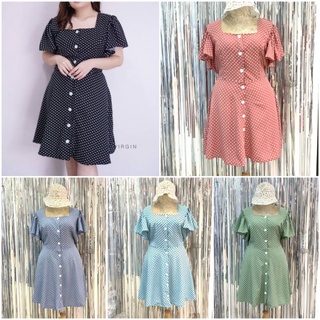 ชุดเดรสสั้น สาวอวบ ลายจุด กระดุมหน้า แขนระบาย เอวจัมพ์หลัง Polka Dot Plus Size Dress / Big Size Sack เดรสสาวอวบ